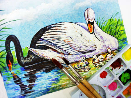 Art painting Oil color backgrounds for design swan from thailandの写真素材