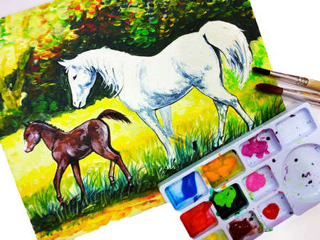 Art painting Fine art Oil color running horse Lucky from Thailandの写真素材