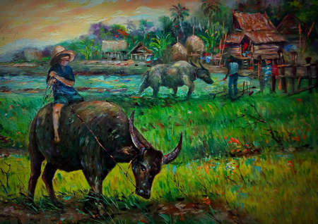 Art painting Oil color northeast  Countryside ,  buffalo in the provinces in Thailandの写真素材