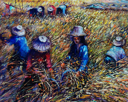 Art painting Acrylic color Harvest Thailand Countrysideの写真素材