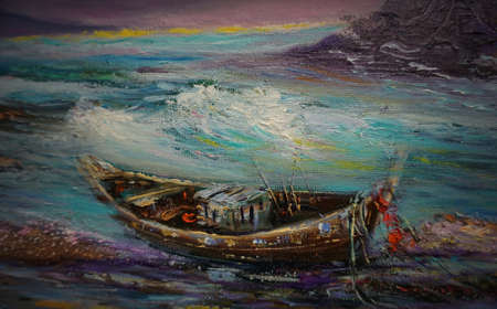Art Oil painting Fine art color Sky  boat  wave seaの写真素材