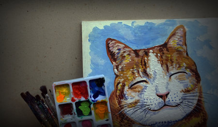 Hand drawn  Art painting Oil color cute cat  background design and  Palette and paintbrush  from thailandの写真素材