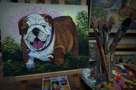 Art painting oil color bulldog , paint brushes, palette ,in gallery ,from thailandの写真素材