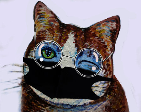 Cat oil painting, wearing glasses, afraid of COVID, must wear a face mask every time
