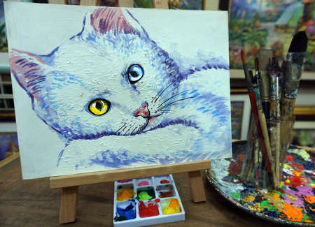 Hand drawn Modern , Art ,painting, Oil color ,Cute Cat , Palette, paintbrush ,from gallery in Thailandの写真素材