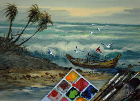 Watercolor painting art class , sea ,wave ,birds, boatの写真素材