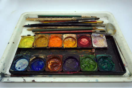 Equipment for painting, watercolor, Palette , paintbrushの写真素材