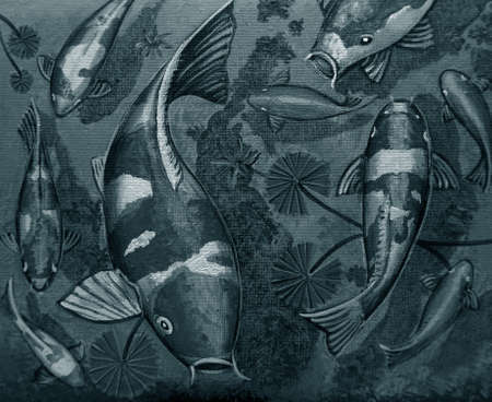 Oil painting of Fancy Carp fish pictures Auspiciousness and good luck in dark blueの写真素材