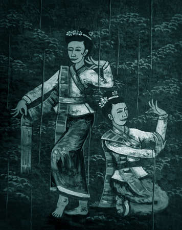Hand drawn,Art ,painting ,Oil color, cute Culture Thai dance in dark blueの写真素材