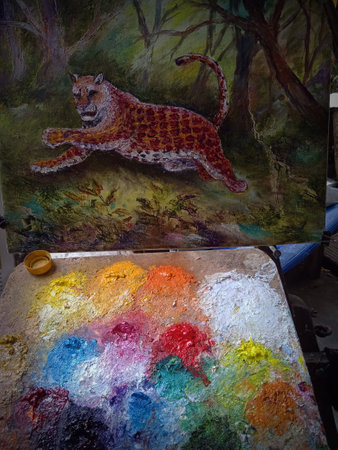 Art, oil painting, Face Tiger , leopard   , Palette , paintbrushの写真素材