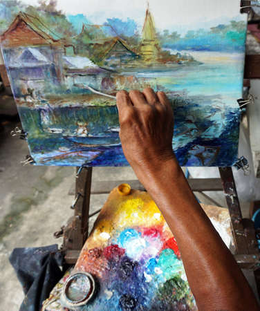 Art painting Oil color Floating market , hut Thailand Countrysideの写真素材