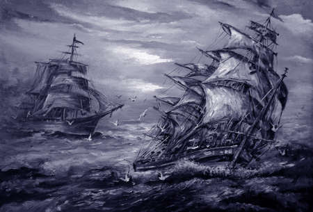 art oil painting sailboat , barque in sea from thailand , black and white