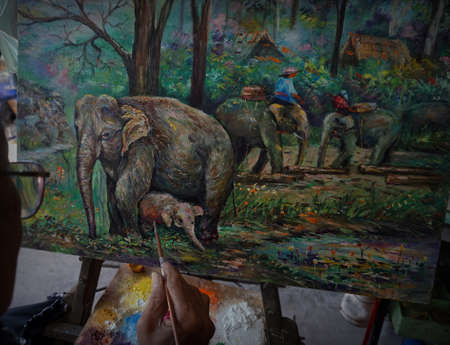 Art painting Oil color Elephant family thailand , nature , Countryside , ruralの写真素材