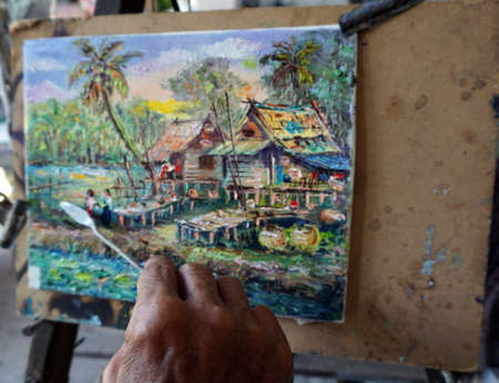 Hand drawn ,  Art painting Oil color Hut Thailand Countrysideの写真素材