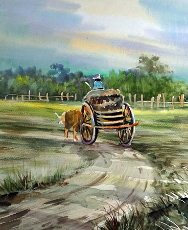 watercolor painting landscape , view , upcountryの写真素材