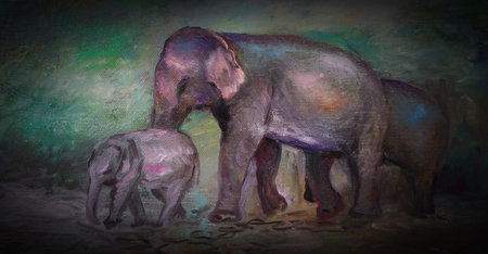Art painting oil color Elephant family in  forestの写真素材