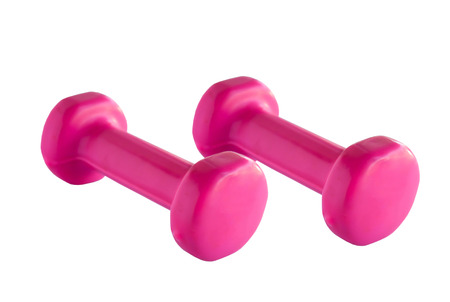 Two plastic coated dumbells isolated on white backgroundの写真素材