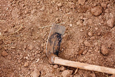 Soil with Hoe gardening toolの写真素材