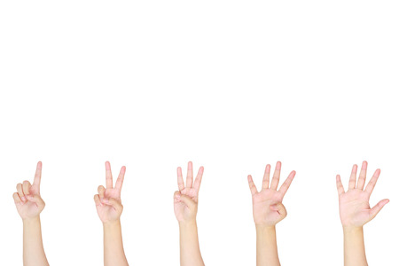 counting woman hands sign isolated on white backgroundの写真素材