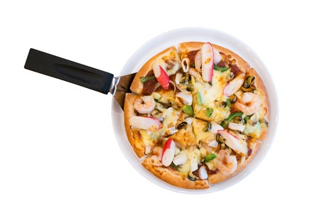 delicious pizza with seafood isolated on white backgroundの写真素材