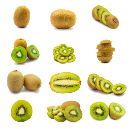 Fresh kiwi fruit slice collection set isolated on white backgroundの写真素材