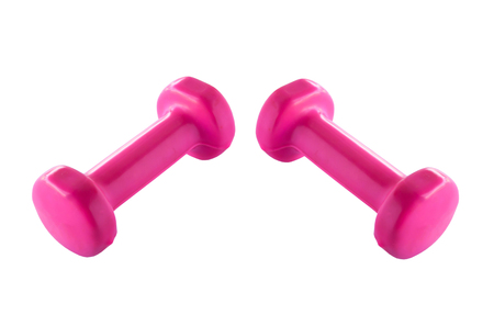 Two plastic coated dumbells isolated on white backgroundの写真素材