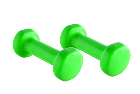 Two plastic coated dumbells isolated on white backgroundの写真素材