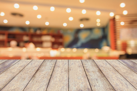 wood table with japanese restaurant interior blurred backgroundの写真素材