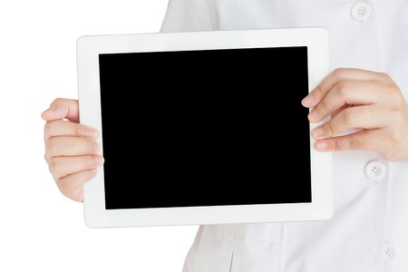 pharmacist showing tablet computer isolated on white backgroundの写真素材