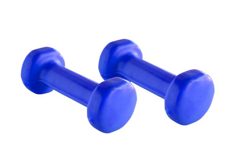 Two plastic coated dumbells isolated on white backgroundの写真素材
