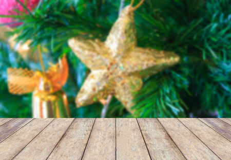 Christmas holiday background with empty rustic wood tableの写真素材