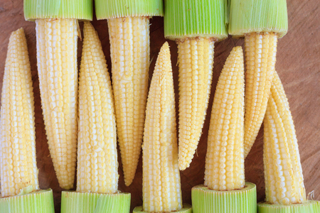 baby corn on wood backgroundの写真素材