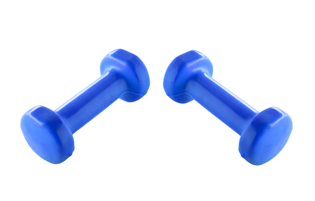 Two plastic coated dumbells isolated on white backgroundの写真素材