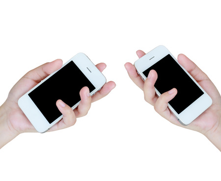 asian female hand holding mobile smartphone isolated on white backgroundの写真素材