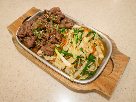 Beef with vegetables on hot plate, beef teppanyaki Japanese Cookingの写真素材