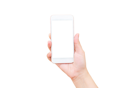 Isolated female hand holding mobile phoneの写真素材