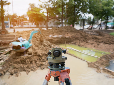 Surveyor equipment theodolite outdoor at construction site