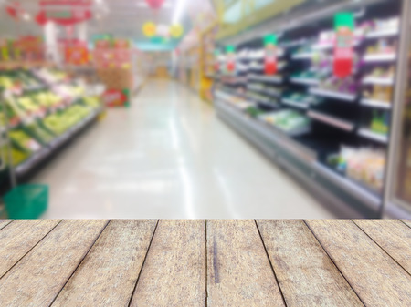 Wood floor and Supermarket blur background, Product display, template, business conceptの写真素材
