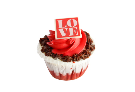 red rose valentines cupcake isolated on white background with clipping pathの写真素材