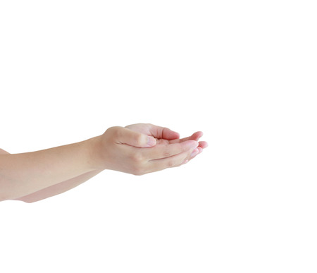 Two open empty hands with palms up, isolated on white backgroundの写真素材