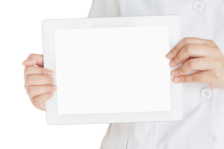 pharmacist hand hold tablet computer with blank screen, medical business conceptの写真素材