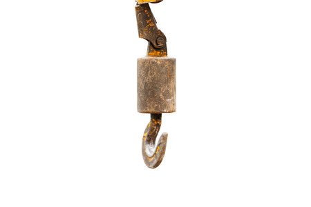 old cranes hooks hanging isolated on white backgroundの写真素材