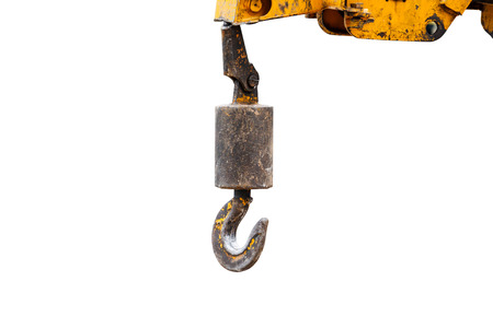 old cranes hooks hanging isolated on white backgroundの写真素材