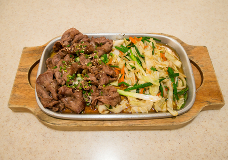 Beef with vegetables on hot plate, beef teppanyaki Japanese Cookingの写真素材
