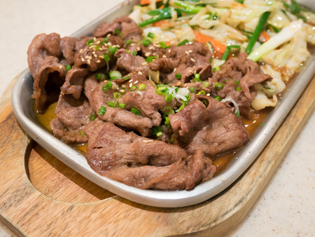 Beef with vegetables on hot plate, beef teppanyaki Japanese Cookingの写真素材