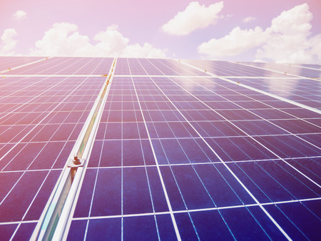 Solar panels with blue sky and clouds, solar energy environmentally friendly green energyの写真素材