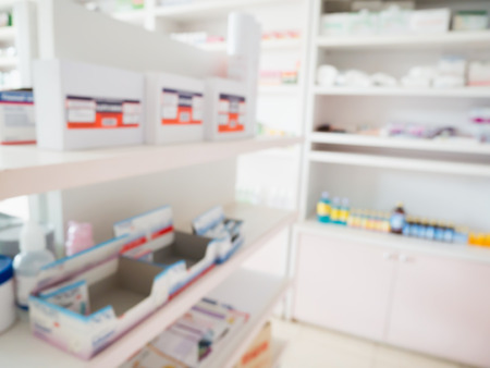 Pharmacy store shelves interior with blurred backgroundの写真素材