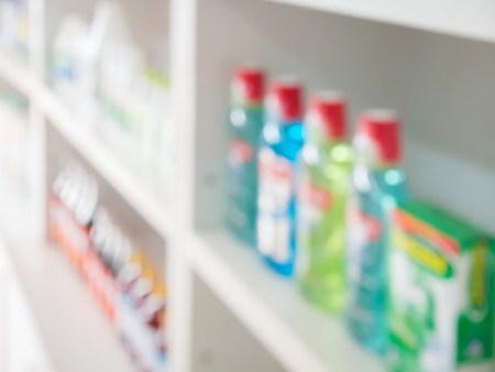 Close up of medicine bottles on shelves of drugs in the pharmacy, Pharmacy drugstore blurred backgroundの写真素材
