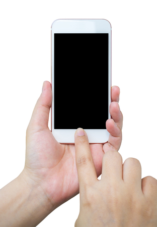 Asian Female hand holding mobile smart phone isolated on white backgroundの写真素材