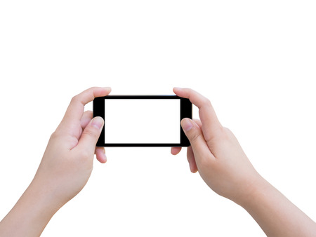 Asian Female hand holding mobile smart phone taking photo isolated on white background with clipping pathの写真素材
